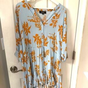 Aakaa Anthropology Blue and Orange Floral Tunic Dress Large